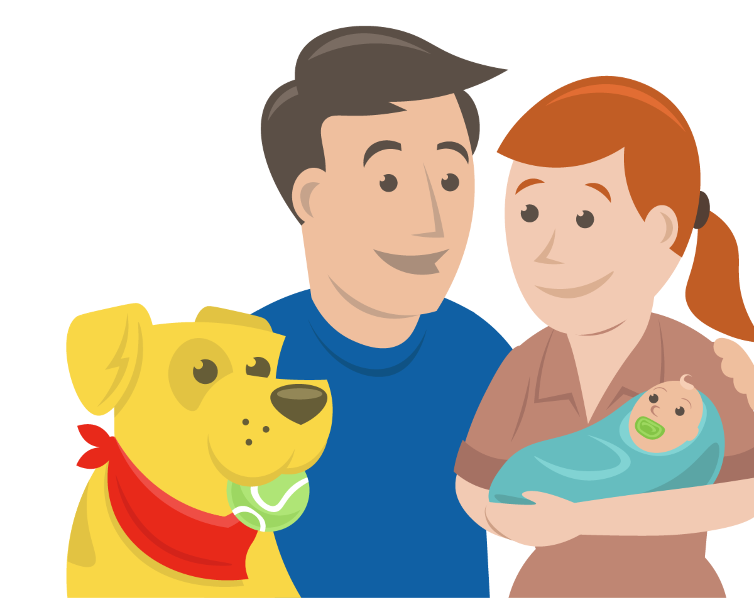 A happy family with a baby and dog.
