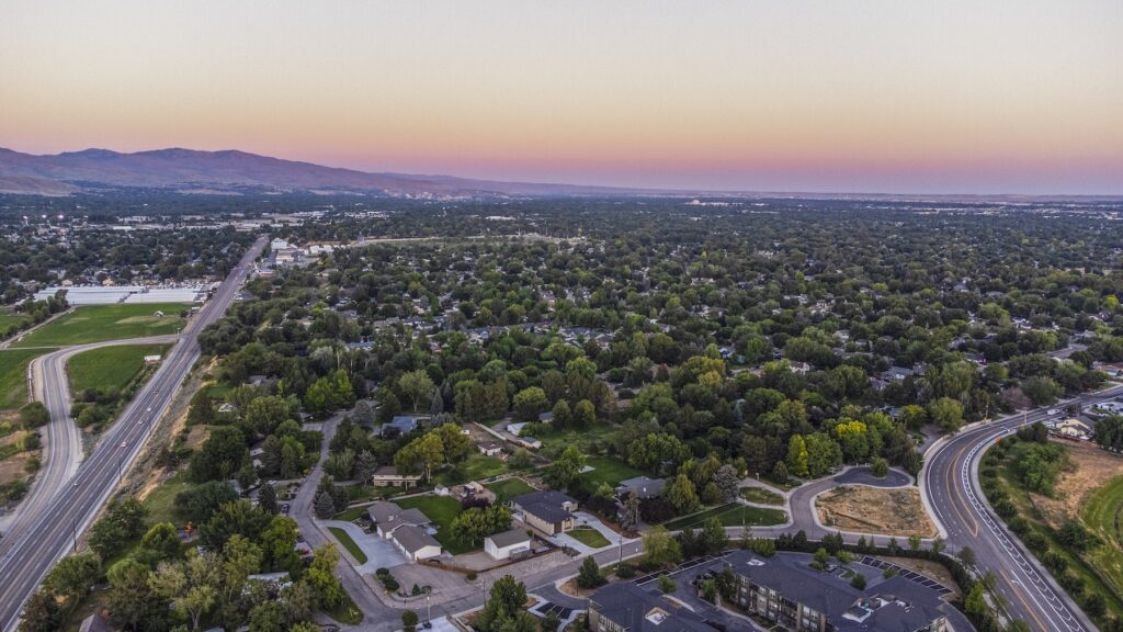 Aerial view of Boise, Idaho at sunset