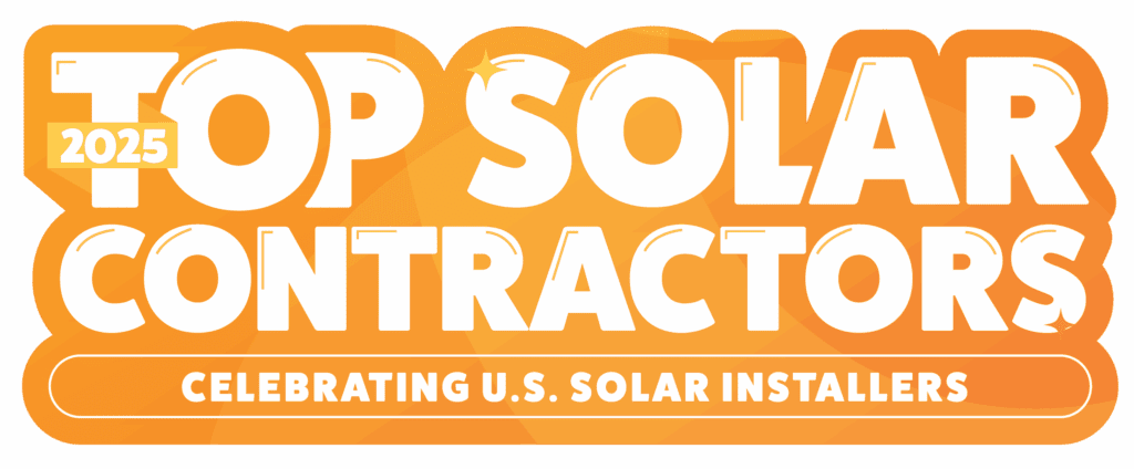 2025 Top Solar Contractors logo in white over orange background, with text below that says Celebrating U.S. Solar Installers