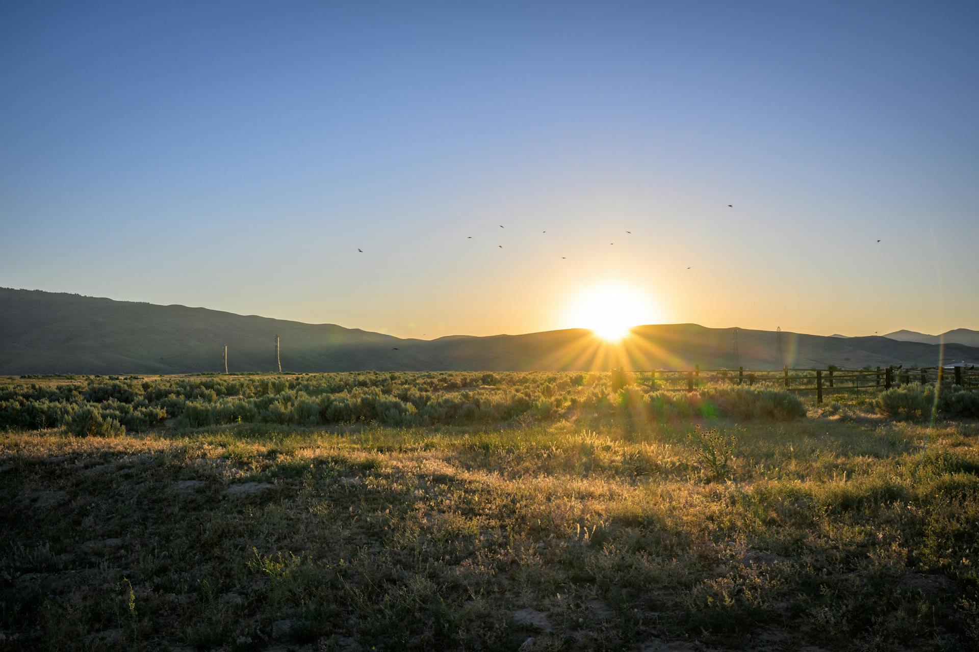 A peaceful Idaho landscape during a clear day with the sun halfway behind hills in the background